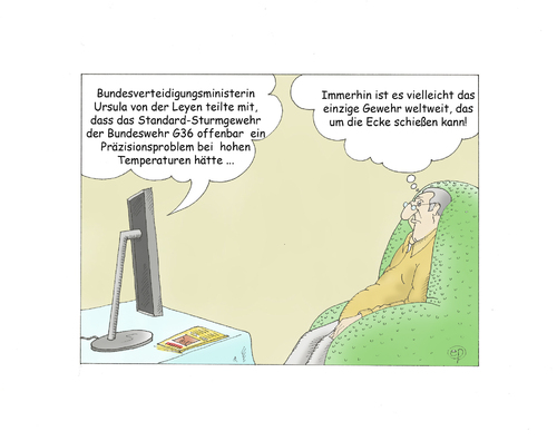 Cartoon: G36-Techniküberlegenheit (medium) by Erwin Pischel tagged g36,sturmgewehr,standardsturmgewehr,gewehr,waffe,von,der,leyen,verteidigungsministerin,verteidigungsministerium,bundeswehr,heckler,koch,mängelbericht,generalinspekteur,ausrüstung,soldat,untersuchungsergebnis,einsatztauglichkeit,treffsicherheit,treffgenauigkeit,g3,rüstung,pischel,flachbilddschirm,fernseher,fernsehsessel