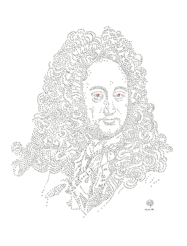 Cartoon: Gottfried Wilhelm Leibniz (medium) by Erwin Pischel tagged leibniz,philosoph,mathematiker,diplomat,historiker,universalist,integralrechnung,differentialrechnung,infinitesimalrechnung,matrizen,determinanten,wahrscheinlichkeitsrechnung,rechenmaschine,monadentheorie,dualsystem,binärcode,dezimalklassifikation,digita