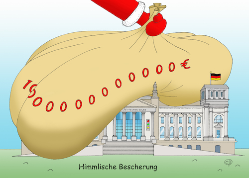 Cartoon: Himmlische Gabe (medium) by Erwin Pischel tagged himmlische,bescherung,gabe,geschenk,himmel,christkind,weihnachtsmann,nikolaus,weihnachtsabend,heiligabend,beschenkung,bundestag,bundestagsgebäude,gebäude,reichstag,ampel,ampelkoalition,koalition,partei,parteienbündnis,spd,fdp,grüne,schuldenbremse,schulden,schuldenberg,pump,kredit,kreditaufnahme,sondervermögen,euro,geld,geldsack,sack,staatsverschuldung,neuverschuldung,haushalt,haushaltsnotlage,überraschung,fahne,flagge,nationalfahne,million,milliarde,billion,billiarde,unsumme,pischel