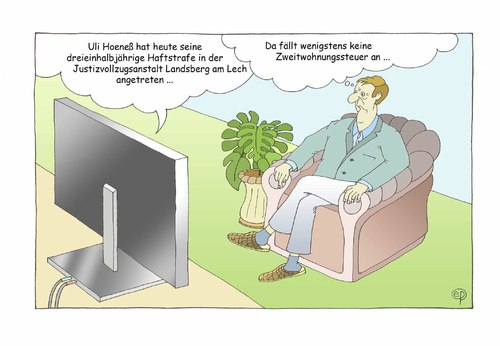 Cartoon: Hoeneß Zweitwohnungssteuer (medium) by Erwin Pischel tagged uli,hoeneß,haftstrafe,haft,jva,landsberg,lech,zweitwohnungssteuer,steuer,steuerhinterziehung,steuerbetrug,schweiz,bayern,münchen,vereinspräsident,strafe,gefängnis,gefängnisstrafe,pischel