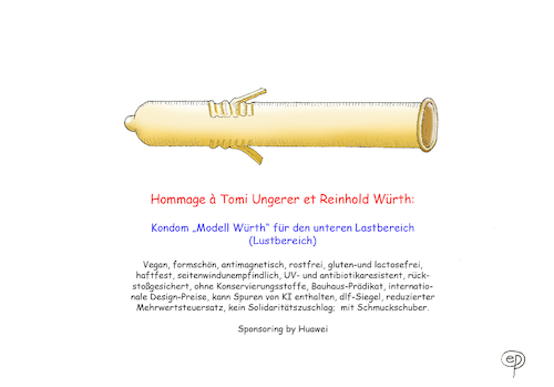 Cartoon: Hommage  a Ungerer et Würth (medium) by Erwin Pischel tagged kondom,praeservativ,verhütung,verhuetungsmittel,guetesiegel,dlf,ungerer,wuerth,duebel,duebeltechnik,fischer,befestigung,befestigungssystem,modell,lastbereich,lustbereich,erotik,nylonduebel,kunststoffduebel,montage,pischel