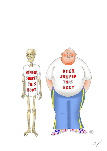 Cartoon: Hunger Shaped this Body (medium) by Erwin Pischel tagged hunger,hungertote,ernaehrung,ernaehrungskrise,lebensmittel,lebensmittelversorgung,hungersnot,not,merasmus,skelett,abmagerung,shirt,bier,bierbauch,jogginghose,sneapers,verfettung,fett,körper,body,nahrungsmangel,überernährung,gewichtsabnahme,gewichtszunahme,knochen,pischel