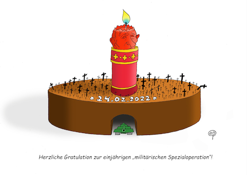 Cartoon: Jubiläumstorte (medium) by Erwin Pischel tagged putin,ukraine,ukrainekrieg,angriffskrieg,krieg,überfall,einjährig,militärisch,speziell,spezialoperation,russisch,russland,ukrainisch,verteidigung,waffen,kerze,grabkerze,kerzenflamme,flamme,kuchen,panzer,tunnel,kreuz,lateinisch,orthodox,grab,gräberfeld,gratulation,kriegsdauer,zeit,pischel