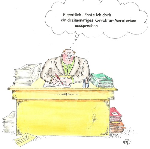 Cartoon: Korrektur-Moratorium (medium) by Erwin Pischel tagged pischel,zeit,stapel,marathon,heimarbeit,hausarbeiten,klassenarbeiten,moratorium,noten,zeugnis,korrekturen,schule,lehrer