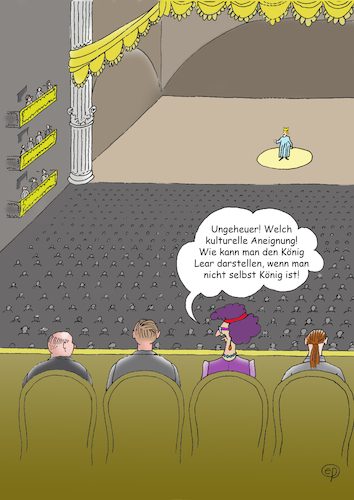 Cartoon: Kulturelle Aneignung (medium) by Erwin Pischel tagged kulturelle,aneignung,könig,lear,schauspiel,shakespeare,schriftsteller,autor,poet,schauspieler,theater,szene,drama,tragödie,aufführung,theateraufführung,akt,ausdrucksform,cultural,appropriation,diskriminierung,dominante,kultur,minderheitskultur,stereotype,wertschätzung,respekt,vorwurf,shitstorm,populismus,identität,ethnologie,wokeness,woke,sensibilität,empfindlichkeit,pischel