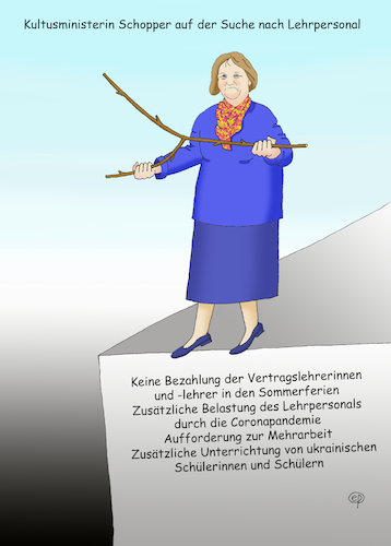 Cartoon: Kumi-Wünschelruteneinsatz (medium) by Erwin Pischel tagged schule,baden,württemberg,kutusministerin,kultusministerium,schopper,lehrer,lehrpersonal,beruf,einstellung,vertragslehrer,bezahlung,sommerferien,mehrarbeit,belastung,corona,coronapandemie,stellenausschreibung,ukrainische,schüler,unterricht,unterrichtsversorgung,ukraine,ukrainekrieg,flüchtlinge,lehrkräfte,pädagogik,lehrermangel,berufswahl,pischel