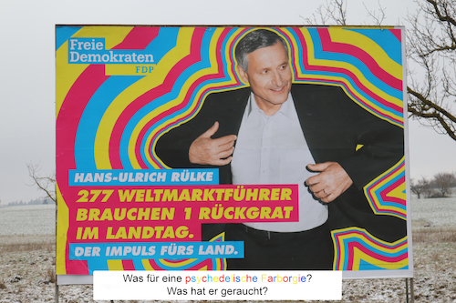 Cartoon: Landtagswahl Baden-Württemberg (medium) by Erwin Pischel tagged fdp,ruelke,baden,württemberg,landtag,landtagswahlen,plakat,partei,parteienwerbung,wahlkampf,wahl,werbetafel,tafel,werbung,psychedelisch,rauch,rauschgift,drogen,lsd,zigarette,pfeife,pischel