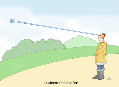 Cartoon: Lawinensondenopfer (medium) by Erwin Pischel tagged lawinensonde,sonde,lawine,schnee,lawinenverschuetteter,suchgeraet,lawinenverschuettetensuchgeraet,sichtung,lawinenverschuettetensuche,suche,lawinenabgang,suchtrupp,suchen,rettung,rettungstrupp,rettungswesen,skitourengeher,freerider,bergretter,bergrettungsdienst,schneechaos,alpen,schneesturm,schneebrett,pischel