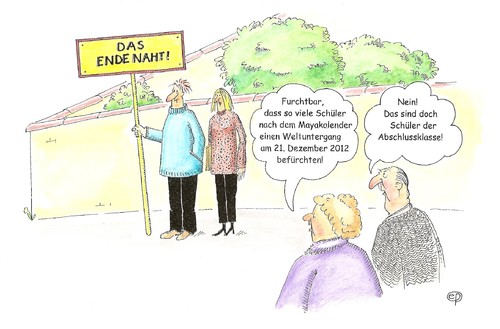 Cartoon: Maya-Pirelli-Schul-Kalender (medium) by Erwin Pischel tagged pischel,abschlussklasse,schüler,schule,panik,hysterie,angst,decembre,dezember,21,december,code,kalender,maya,weltuntergang