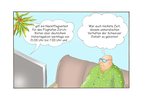 Cartoon: Nacktflugverbot (medium) by Erwin Pischel tagged nachtflug,nachtflugverbot,flugzeug,zuerich,kloten,flughafen,schweiz,deutschland,grenze,baden,wuerttemberg,fluglärm,nackt,fernseher,nachrichten,fernsehnachrichten,zuschauer,pischel
