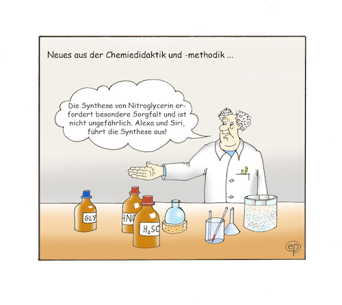 Cartoon: Neue Chemiedidaktik (medium) by Erwin Pischel tagged nitroglycerin,glycerin,salpetersaeure,schwefelsaeure,synthese,chemie,chemieunterricht,unterricht,lehrplan,didaktik,methodik,chemiedidaktik,chemiemethodik,thermometer,glaskolben,labortisch,glasstab,rundkolben,siri,alexa,gefahr,pischel