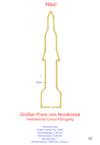 Cartoon: Neuer Formel 1-Kurs (medium) by Erwin Pischel tagged formel,auto,autorennen,rennwagen,rennen,rennkurs,rennserie,formula,alfa,romeo,renault,toro,rosso,grand,prix,wettrennen,ferrari,mercedes,red,bull,nordkorea,pjoengjang,kim,jong,un,diktator,rundenrekord,rundenlaenge,renndistanz,weltmeister,pischel