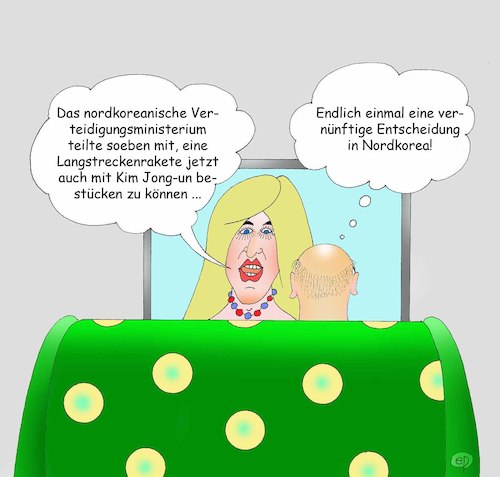 Cartoon: Neuer Langstreckenraketentypus (medium) by Erwin Pischel tagged kim,jong,un,rakete,langstreckenrakete,nordkorea,verteidigungsministerium,nuklearwaffen,krieg,diktatur,usa,trump,drohung,luftwaffe,tv,nachrichten,sofa,nachrichtensprecherin,information,deep,fake,alternative,fakten,pischel