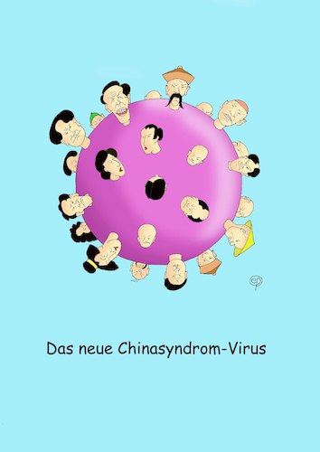 Cartoon: Neues Chinasyndrom-Virus (medium) by Erwin Pischel tagged china,chinasyndrom,coronavirus,sars,cov,virus,corona,kranz,krone,rnaviren,viren,epidemie,pandemie,coronaviridae,wuhan,quarantaene,infektion,infektionsschutz,atemschutz,maske,atemschutzmaske,respirationstrakt,reapiratorisch,akutes,atemwegsyndrom,membran,membranprotein,spikes,rezeptor,virushülle,trimer,peplome,zoonose,troepfcheninfektion,kontaktinfektion,erkaeltungskrankheit,pischel,rna,multiorganversagen,mers,aerosol,husten,fieber,kopfschmerzen,rhinitis,gliederschmerzen,diarrhoe