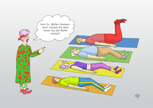 Cartoon: Neulich beim Yoga (medium) by Erwin Pischel tagged yoga,joga,übung,sitzung,orthopädie,gruppe,individualismus,gruppenzwang,gleichheit,aufforderung,abweichung,liegen,matte,unterlage,chefin,anweisung,tadel,gymnastik,körperertüchtigung,körper,gelenk,knie,skelett,unmöglichkeit,anatomie,medizin,fitness,gesundheit,pischel