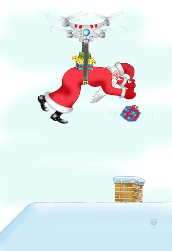 Cartoon: Niko update (medium) by Erwin Pischel tagged nikolaus,niko,weihnachten,weihnachtsfest,geschenk,bescherung,christkind,heiligabend,drohne,kamin,haus,dach,guertel,muetze,stiefel,bart,handschuhe,mantel,schnee,eis,eiszapfen,winter,pischel