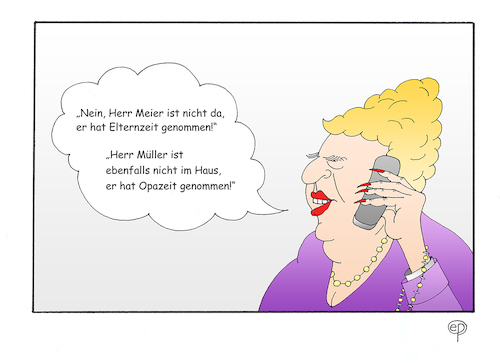 Cartoon: Opazeit (medium) by Erwin Pischel tagged arbeit,arbeitsstelle,arbeitsamt,halbe,stelle,arbeitsmarkt,arbeitszeit,politik,pischel,opa,oma,teilzeit,erziehungszeit,elternzeit,kollege,sekretärin,telefon,mobile,handy