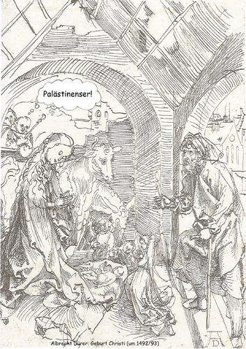 Cartoon: Palästinenser! (medium) by Erwin Pischel tagged albrecht,dürer,palästinenser,palästina,weihnachten,christi,geburt,christus,jesus,maria,josef,bethlehem,krippe,stall,esel,rind,engel,stroh,windel,religion,christ,christentum,pischel