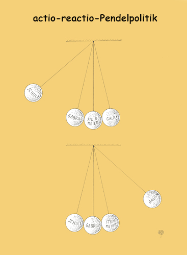 Cartoon: Pendelpolitik (medium) by Erwin Pischel tagged pendel,politik,pendelpolitik,bundespraesident,präsident,außenminister,joachim,gauck,frank,walter,steinmeier,sigmar,gabriel,martin,schulz,bundesminister,kanzlerkandidat,kandidat,kanzler,spd,parteivorsitzender,partei,sonderparteitag,actio,reactio,pischel,mechanische,physik