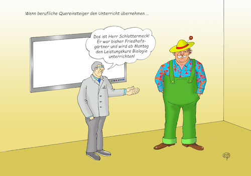 Cartoon: Quereinsteiger (medium) by Erwin Pischel tagged quereinsteiger,seiteneinsteiger,quereinstieg,lehrer,lehrberuf,lehrkraft,jobbörse,stellenangebot,stellenanzeige,job,beruf,schule,pädagogik,lehre,unterricht,biologie,leistungskurs,lehrermangel,mangel,unterrichtsversorgung,unterrichtsplan,lehrauftrag,bildungsplan,bildungsportal,kultusministerium,lehrerversorgung,lehrerbedarf,lehrereinstellung,betriebspraxis,lehrpraxis,referendariat,berufsbiografie,unterrichtsausfall,neueinstellung,einstellung,neueinsteiger,lehrerberuf,fachlehrer,oberstufe,grundschule,realschule,white,board,sonnenhut,blume,latzhose,klassenzimmer,vorstellung,personalvorstellung,pischel