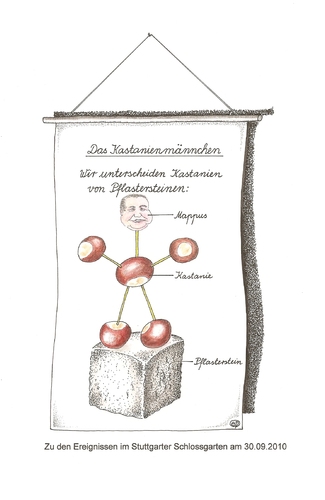 Cartoon: S 21 K 21 XII Kastanienmännchen (medium) by Erwin Pischel tagged pischel,baustopp,grube,bahnchef,schuster,geißler,heiner,tisch,runder,schlichtung,bahnprojekt,milliardenprojekt,protest,untersuchungsausschuss,polizeieinsatz,demonstration,k21,kopfbahnhof,stuttgart21,21,stuttgart