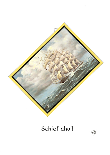 Cartoon: Schief ahoi! (medium) by Erwin Pischel tagged schiff,schief,ahoi,bild,bilderrahmen,aufhaengung,nagel,haken,segelschiff,meer,wolken,galerie,technik,befestigung,befestigungstechnik,wuerth,fehler,mangel,haftung,segler,segelboot,pischel