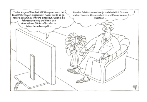 Cartoon: Schul-Schummelsoftware (medium) by Erwin Pischel tagged winterkorn,labor,abgasaffäre,dieselfahrzeug,automobil,auto,pischel,schüler,nachrichten,tv,test,pädagogik,lehrer,klausur,klassenarbeit,schule,diesel,dieselmotor,betrug,stickstoffoxide,stickoxide,abgaswerte,manipulation,vw,schummelsoftware