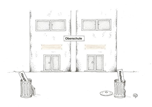 Cartoon: Schularten-Ragout (medium) by Erwin Pischel tagged pischel,hauseingang,mülltonnen,schilder,schule,ganztagesschule,werkrealschule,gymnasium,oberschule,mittelschule,realschule,hauptschule,grundschule,schularten,bildung,bildungspolitik