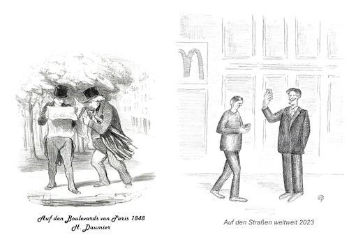 Cartoon: Stillstehende Zeit 1 (medium) by Erwin Pischel tagged daumier,karikaturist,karikatur,zeichner,cartoon,paris,boulevard,straße,zeitung,presse,medien,druckpresse,handy,iphone,smartphone,gesellschaft,freizeit,freizeitverhalten,verhalten,soziologie,pischel