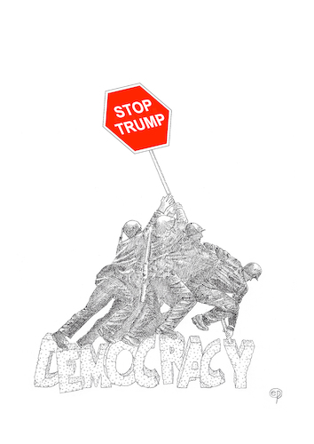 Cartoon: Stop Trump (medium) by Erwin Pischel tagged donald,trump,stop,demokratie,arroganz,ueberheblichkeit,einbildung,praesident,usa,america,kriegsdenkmal,war,monument,verkehr,verkehrsschild,schild,soldaten,marines,soldat,fahne,weltkrieg,politik,republikaner,demokraten,kongress,weißes,haus,senat,pischel