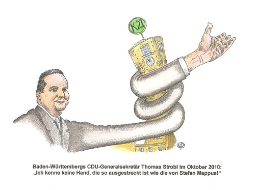 Cartoon: Stuttgart  21 K21 XI Mappus-Arm (medium) by Erwin Pischel tagged bw,cdu,generalsekretär,thomas,strob,stefan,mappus,walter,sittler,stuttgart,21,tiefbahnhof,kopfbahnhof,milliardenprojekt,db,bahnchef,grube,hauptbahnhof,arm,stuttgart21,pischel