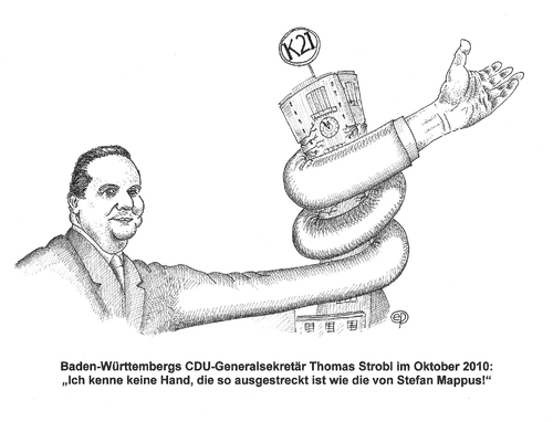 Cartoon: Stuttgart  21 K21 XI Mappus-Arm (medium) by Erwin Pischel tagged bw,cdu,generalsekretär,thomas,strobl,stefan,mappus,walter,sittler,stuttgart,21,tiefbahnhof,kopfbahnhof,milliardenprojekt,db,bahnchef,grube,hauptbahnhof,arm,stuttgart21,pischel