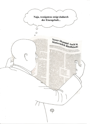 Cartoon: The Show Must Go On (medium) by Erwin Pischel tagged pischel,lebensmittelkontrolle,verunreinigung,belastung,kontamination,muttermilch,skandal,lebensmittelskandal,säuglingsnahrung,säugling,babynahrung,lebensmittel,fleisch,pferdefleisch,pferd