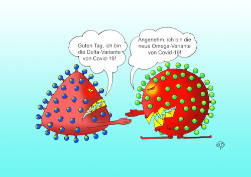 Cartoon: The show must go on! (medium) by Erwin Pischel tagged corona,covid,sars,delta,omega,variante,begrüßung,gruß,hand,handschlag,virus,impfung,immun,immunsystem,immunschutz,viren,antigen,virusoberfläche,epidemie,pandemie,geimpfter,ungeimpfter,immunabwehr,gefahr,alphabet,griechisch,pcr,covidtest,test,inzidenz,intensivstation,seuche,pischel