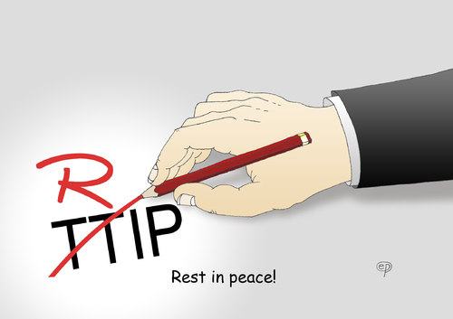 Cartoon: TTIP R.I.P. (medium) by Erwin Pischel tagged ttip,rip,transatlantisches,freihandelsabkommen,transatlantic,trade,and,investment,partnership,free,agreement,vertrag,europäische,union,eu,usa,vertragsbedingungen,ceta,tafta,acta,gats,freihandelszone,zölle,geheimverhandlungen,wirtschaftsnato,verbraucherschutz,gesundheitsstandards,umweltschutzstandards,arbeitnehmerrechte,demokratie,buchpreisbindung,globalisierung,gentechnig,chlorhühnchen,hormonfleisch,filmförderung,filmsubvention,subventionsregulierung,undemokratisch,sittenwidrig,unterwerfung,konzerninteressen,pischel