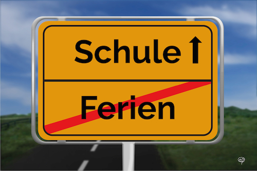 Cartoon: Unerfreuliches Verkehrsschild (medium) by Erwin Pischel tagged ortsschild,ferien,schule,verkehrszeichen,verkehrsschild,pischel