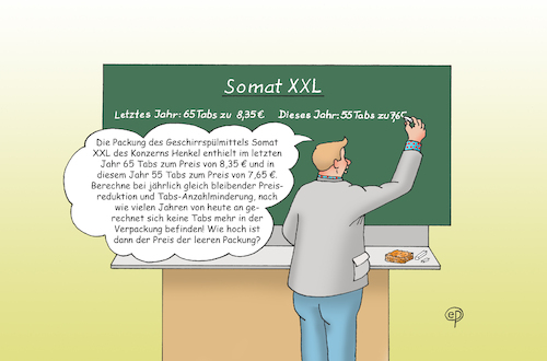 Cartoon: Verbrauchertäuschung XXL (medium) by Erwin Pischel tagged henkel,konzern,verbraucher,verbrauchertäuschung,somat,verbraucherschutz,verbraucherpreis,preis,teuerung,betrug,täuschung,trick,geschirr,geschirrspülmittel,maschinengeschirrspülmittel,reinigung,spülmittel,haushalt,küche,marketing,geschirrreinigung,preiskalkulation,kalkulation,absatzwirtschaft,verkauf,käufer,angebot,nachfrage,betriebswirtschaft,stakeholder,kauf,kaufentscheidung,marktforschung,handel,preispolitik,kundenbeziehung,käufermarkt,vertriebspolitik,marketungkonzept,unternehmensphilosophie,schule,kreide,wandtafel,unterricht,gemeinschaftskunde,lehrer,sozialkunde,bwl,pischel