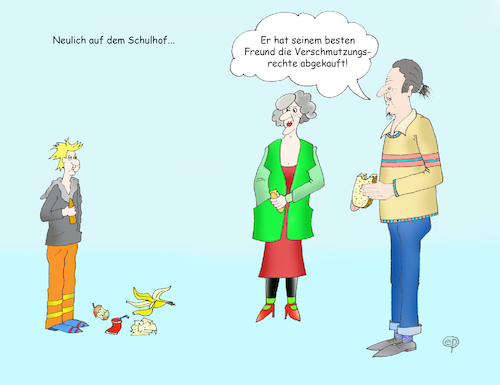 Cartoon: Verschmutzungsrechte (medium) by Erwin Pischel tagged verschmutzungsrechte,schule,paedagogik,schulhof,pause,pausenhof,vesper,vesperbrot,lehrer,erziehung,umwelt,umwelterziehung,verschmutzung,muell,entsorgung,banane,bananenschale,getränkedose,dose,apfel,apfelbutzen,mode,hoodie,politik,kohlenstoffdioxid,kohlendioxid,pischel