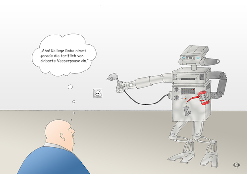 Cartoon: Vesperzeit (medium) by Erwin Pischel tagged arbeit,arbeitsstelle,arbeitsamt,arbeitszeit,halbe,stelle,arbeitsmarkt,politik,oel,computer,roboter,oelkanne,oelkaennchen,roboterarm,vesper,vesperzeit,brotzeit,pause,essen,trinken,strom,steckdose,gewerkschaft,kabel,stecker,tarif,pischel