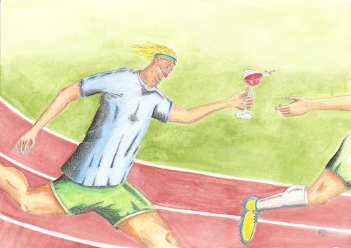 Cartoon: Wein-Staffellauf (medium) by Erwin Pischel tagged wein,staffel,staffellauf,stab,staffelstab,sport,leichtathletik,laufbahn,wettlauf,lauf,laufwettbewerb,pischel