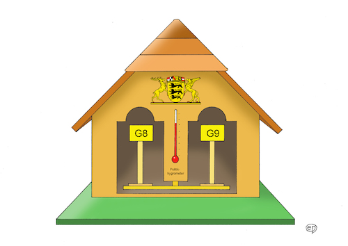 Cartoon: Wetterwendisches G8 und G9 in BW (medium) by Erwin Pischel tagged acht,neun,hygrometer,wetterhäuschen,miniaturhaus,luftfeuchtigkeit,mechanik,figuren,wetter,sonnenfrau,regenmann,wetterbericht,wetterprognose,pädagogik,schulpolitik,gymnasium,lehrplan,abitur,pädagogok,unterricht,lehrermangel,unterrichtsversorgung,unterrichtsdeputat,schulzeit,schulzeitverkürzung,verkürzung,universität,tafel,thermometer,kürze,kurz,wappen,landeswappen,baden,württemberg,hirsch,greif,pischel