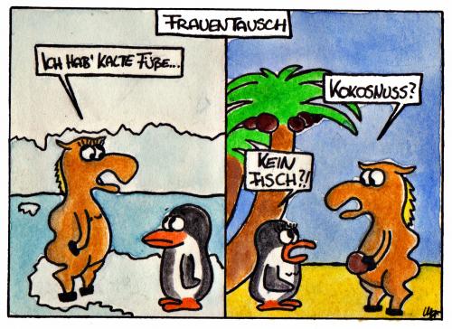 Cartoon: Frauentausch (medium) by spass-beiseite tagged lama,kamel,dromedar,wüste,sand,pinguin,nordpol,südpol,eis,wasser,kalt,heiß,kokosnuss,füße,beiseite,spass,unterhaltung,panel,fun,illustration,design,durst,krank,erschöpft,düne,sahara,gobi,pointe,kunst,comicstrips,comictagebuch,tagebuch,comic,ca