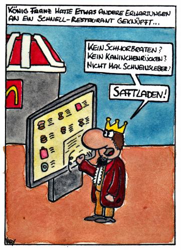 Cartoon: König Franz bei Mc Donalds (medium) by spass-beiseite tagged mc,donalds,burger,king,fast,food,essen,trinken,fett,brötchen,mittelalter,könig,kaiser,prinz,mantel,krone,pommes,frites,ketchup,mayo,lammrücken,schweinsbraten,soße,gaststätte,restaurant,beiseite,spass,unterhaltung,panel,fun,illustration,design