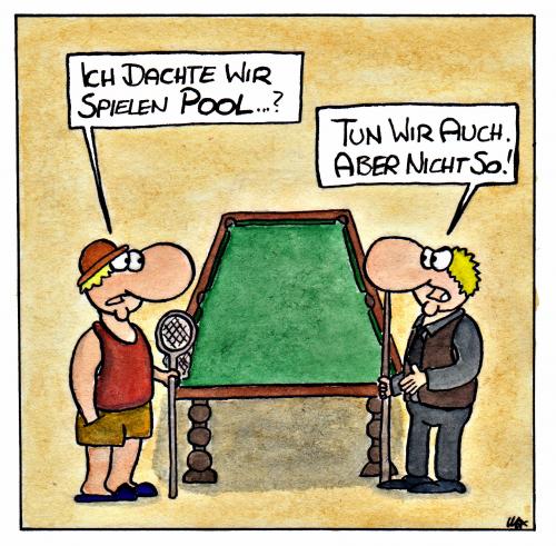 Cartoon: Pool (medium) by spass-beiseite tagged queue,trikot,spiel,game,passen,grätsche,pool,billiard,ball,trainer,mannschaft,team,spieler,handball,fußball,tor,sieg,niederlage,unentschieden,bundesliga,stadion,jubel,stabhochsprung,stab,höhe,springen,hoch,anlauf,weltrekord,sport,ist,mord,beiseite,spass