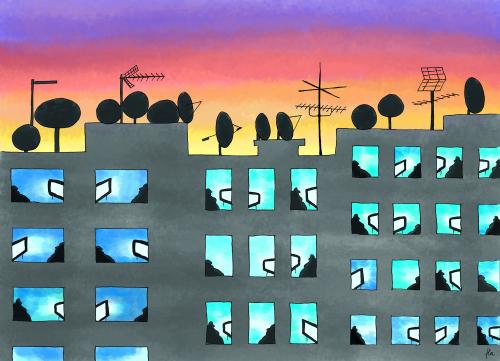 Cartoon: City Lights (medium) by floc tagged einsamkeit,tv,fernsehen,großstadt,skyline,hochhaus,stadt,sonnenuntergang