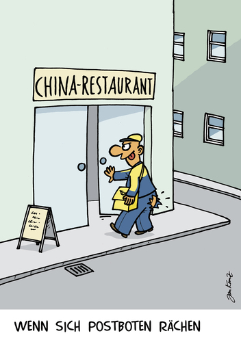 Cartoon: Postbote (medium) by JanKunz tagged rache,hose,kaputte,essen,chinarestaurant,hund,postbote,postbote,hund,essen,hose,chinarestaurant,tiere,rache