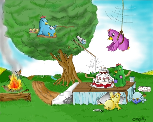 Cartoon: Fatbird Cakeparty (medium) by The Fatbird Conspiracy tagged bird,cartoon,vogel,comic,funny,tree,bonfire,sheep,grass,stage,grafictablet