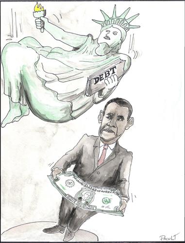 Cartoon: OBAMA RESCUES ECONOMY (medium) by ANDRZEJ PACULT tagged debt,president,obama,budget,deficit,spending,trasury