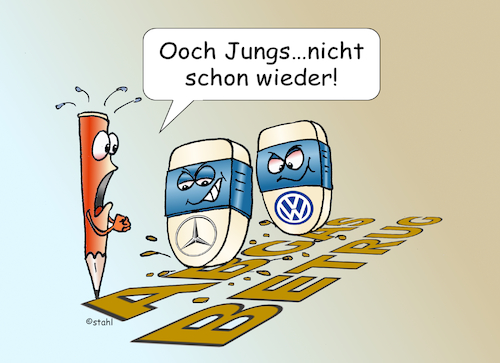 Cartoon: Abgasbetrug (medium) by wista tagged radiergummi,auto,abgase,manipulation,betrug,software,autokonzerne,bmw,mercedes,audi,vw,volkswagen,porsche,diesel,abschalten,abschaltsoftware,verheimlichen,vertuschen,verleugnen,kunden,verbraucher,täuschen,täuschung,betrügen,belügen,lüge