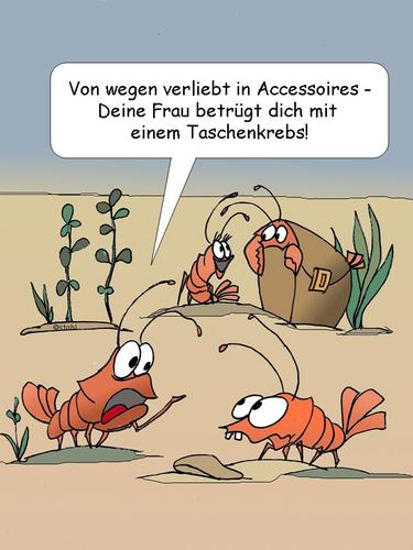 Cartoon: Accessoires (medium) by wista tagged accessoires,mode,beiwerk,tasche,taschen,handtasche,handtaschen,modisch,modern,kleidung,tuch,tücher,schmuck,frau,ehefrau,liebe,betrug,betrügen,fremdgehen,krebs,taschenkrebs,tiere,wasser,meer,garnele